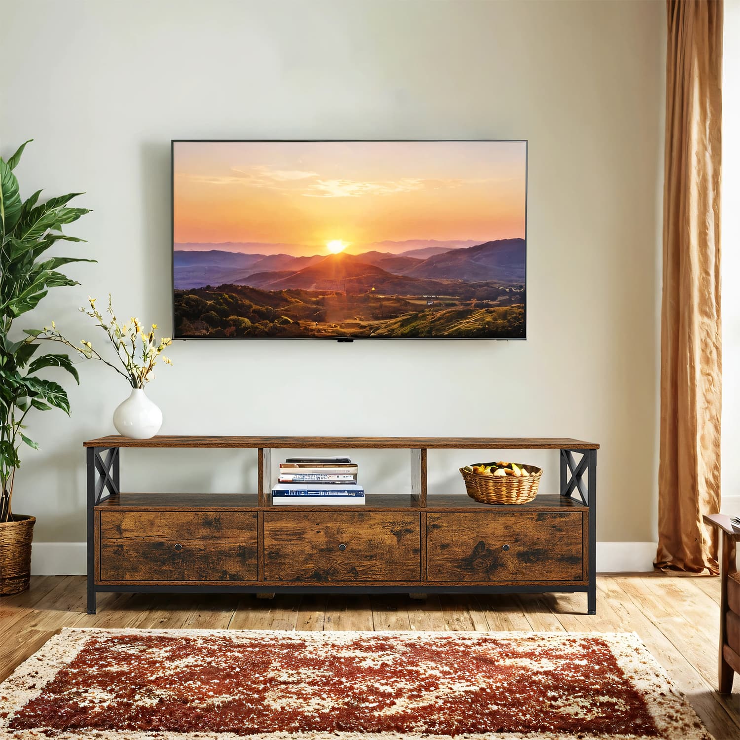 Media Console Table – Steel – Rustic Brown and Black – 2 Drawers and Storage Shelves