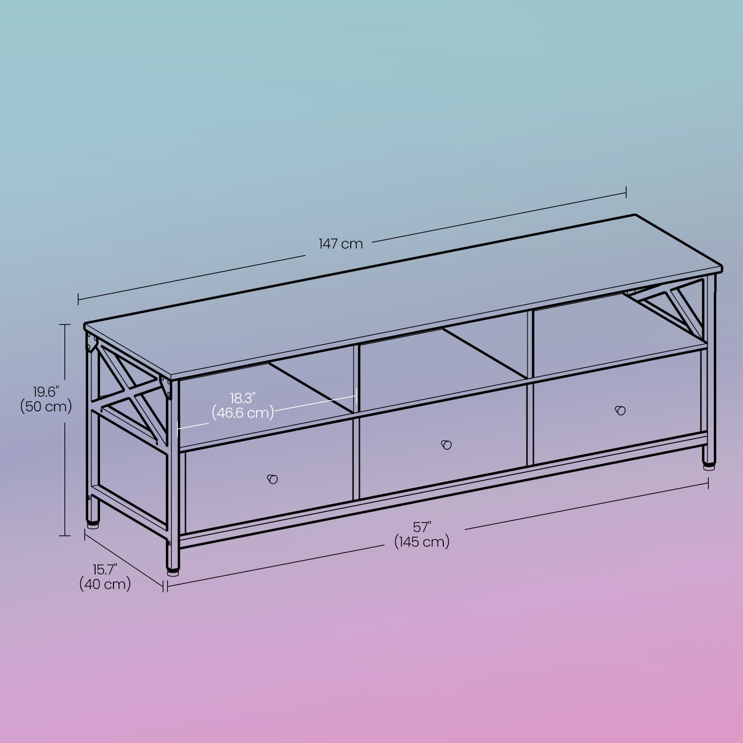 Media Console Table – Steel – Rustic Brown and Black – 2 Drawers and Storage Shelves