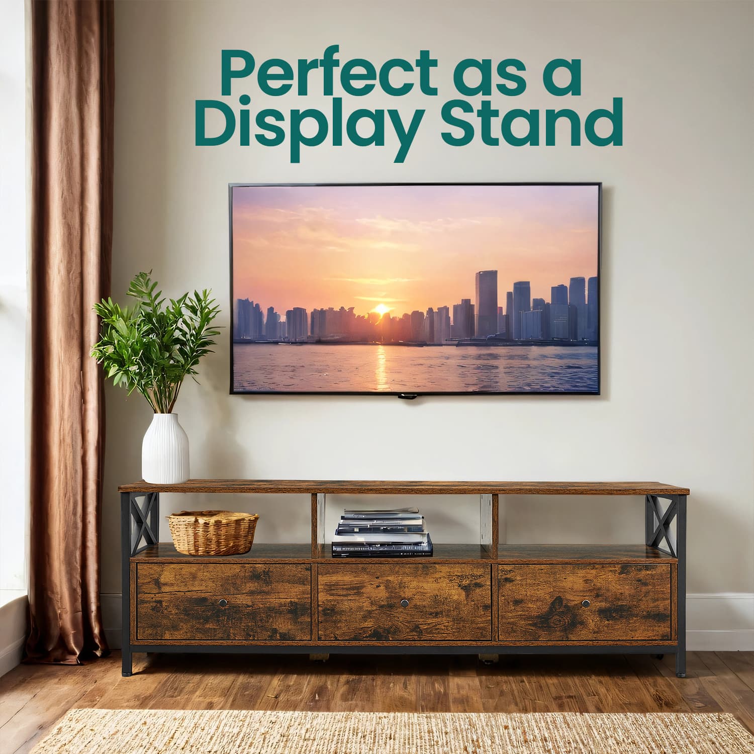 Media Console Table – Steel – Rustic Brown and Black – 2 Drawers and Storage Shelves