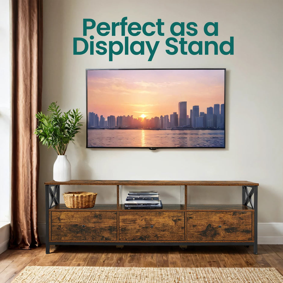 Media Console Table – Steel – Rustic Brown and Black – 2 Drawers and Storage Shelves