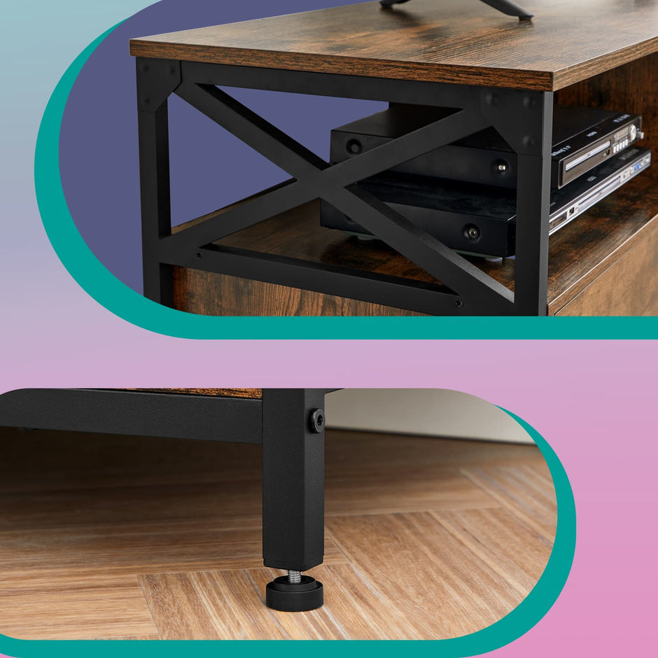 Media Console Table – Steel – Rustic Brown and Black – 2 Drawers and Storage Shelves