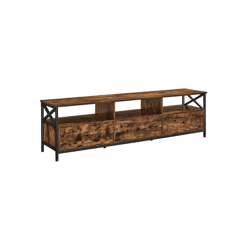 TV Stand – Steel Frame – Rustic Brown and Ink Black – Features 3 Drawers and Storage Shelves for Up to 65 Inch TV