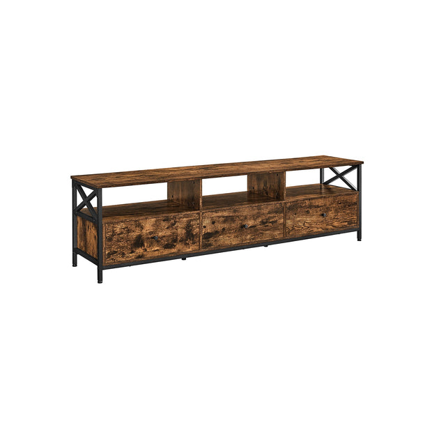 TV Stand – Steel Frame – Rustic Brown and Ink Black – Features 3 Drawers and Storage Shelves for Up to 65 Inch TV