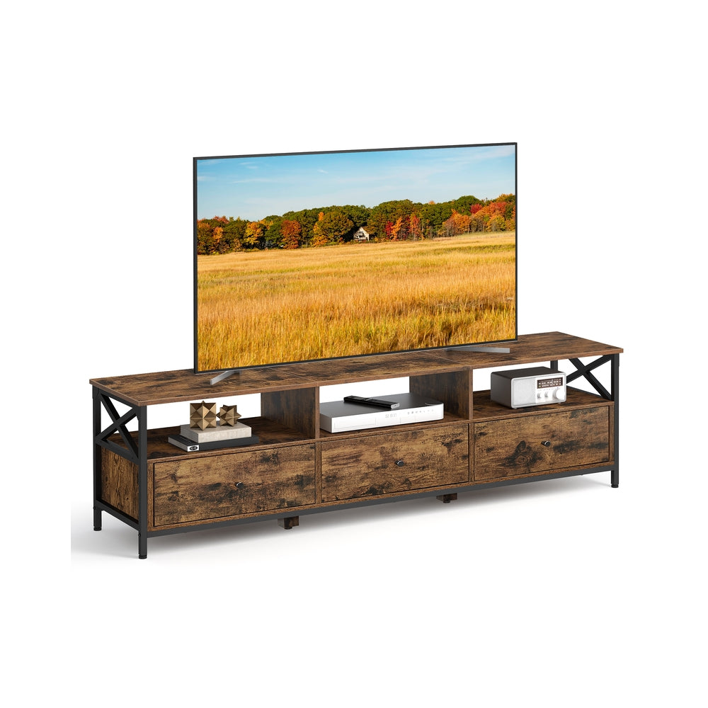 TV Stand – Steel Frame – Rustic Brown and Black – 3 Drawers and Storage Shelves for Up to 65 Inch TV