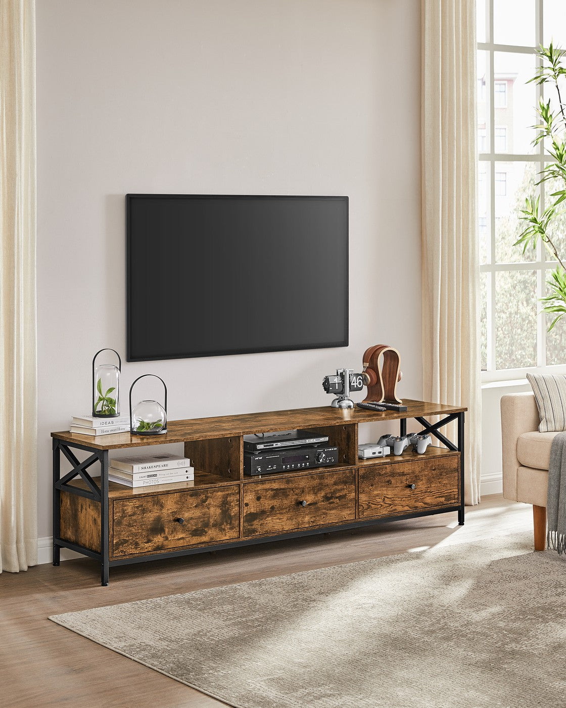 TV Stand – Steel Frame – Rustic Brown and Black – 3 Drawers and Storage Shelves for Up to 65 Inch TV