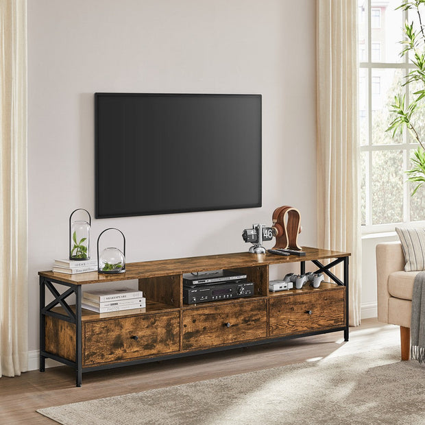 TV Stand – Steel Frame – Rustic Brown and Black – 3 Drawers and Storage Shelves for Up to 65 Inch TV