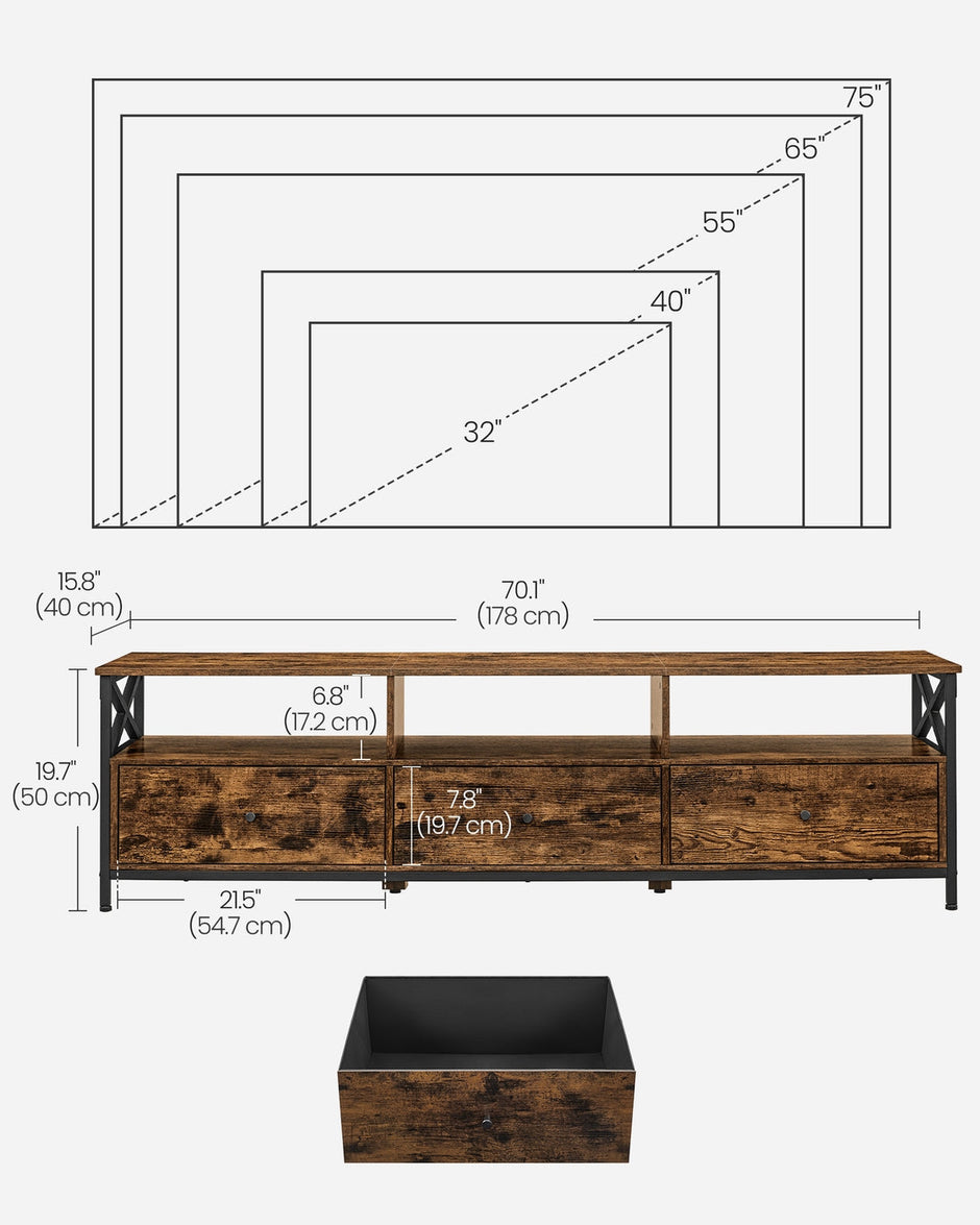 TV Stand – Steel Frame – Rustic Brown and Black – 3 Drawers and Storage Shelves for Up to 65 Inch TV