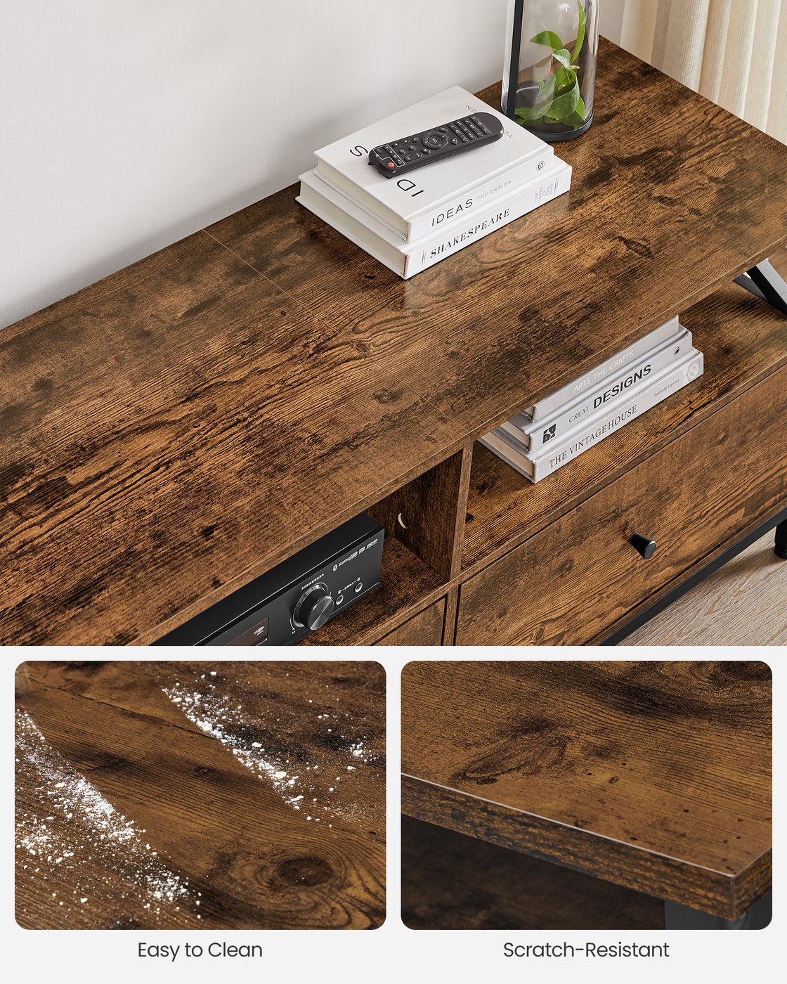 TV Stand – Steel Frame – Rustic Brown and Black – 3 Drawers and Storage Shelves for Up to 65 Inch TV