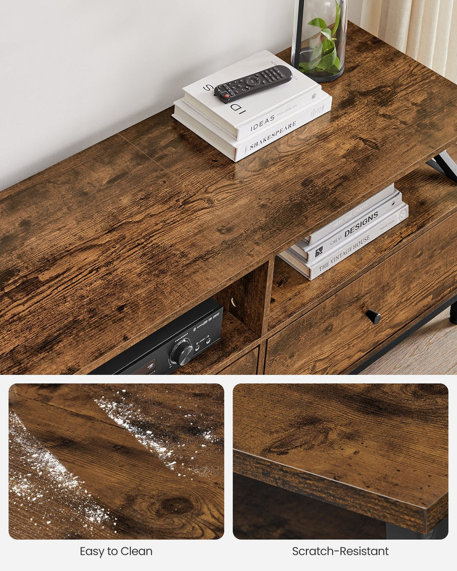 TV Stand – Steel Frame – Rustic Brown and Black – 3 Drawers and Storage Shelves for Up to 65 Inch TV