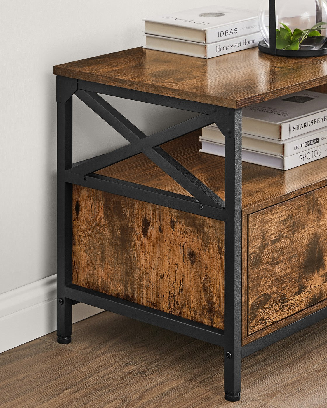 TV Stand – Steel Frame – Rustic Brown and Black – 3 Drawers and Storage Shelves for Up to 65 Inch TV