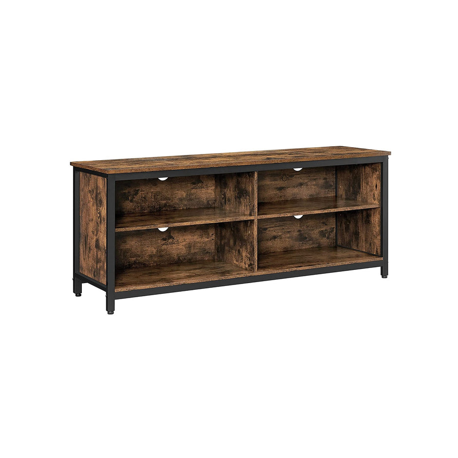 TV Stand – MDF and Particleboard – Rustic Brown and Black – 4 Cubby Design with Adjustable Shelves and Cable Management