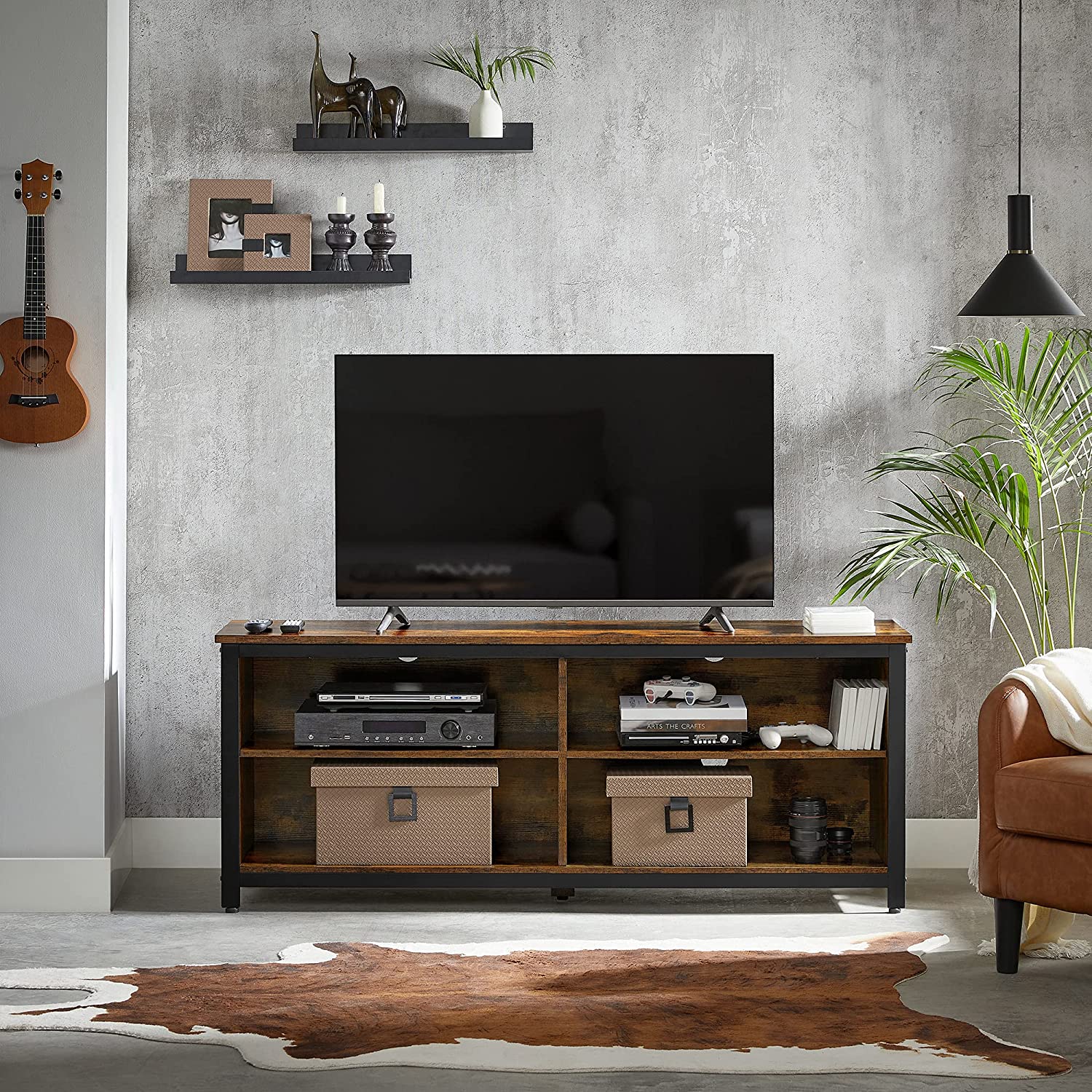 TV Stand – MDF and Particleboard – Rustic Brown and Black – 4 Cubby Design with Adjustable Shelves and Cable Management