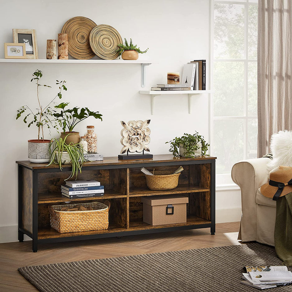 TV Stand – MDF and Particleboard – Rustic Brown and Black – 4 Cubby Design with Adjustable Shelves and Cable Management
