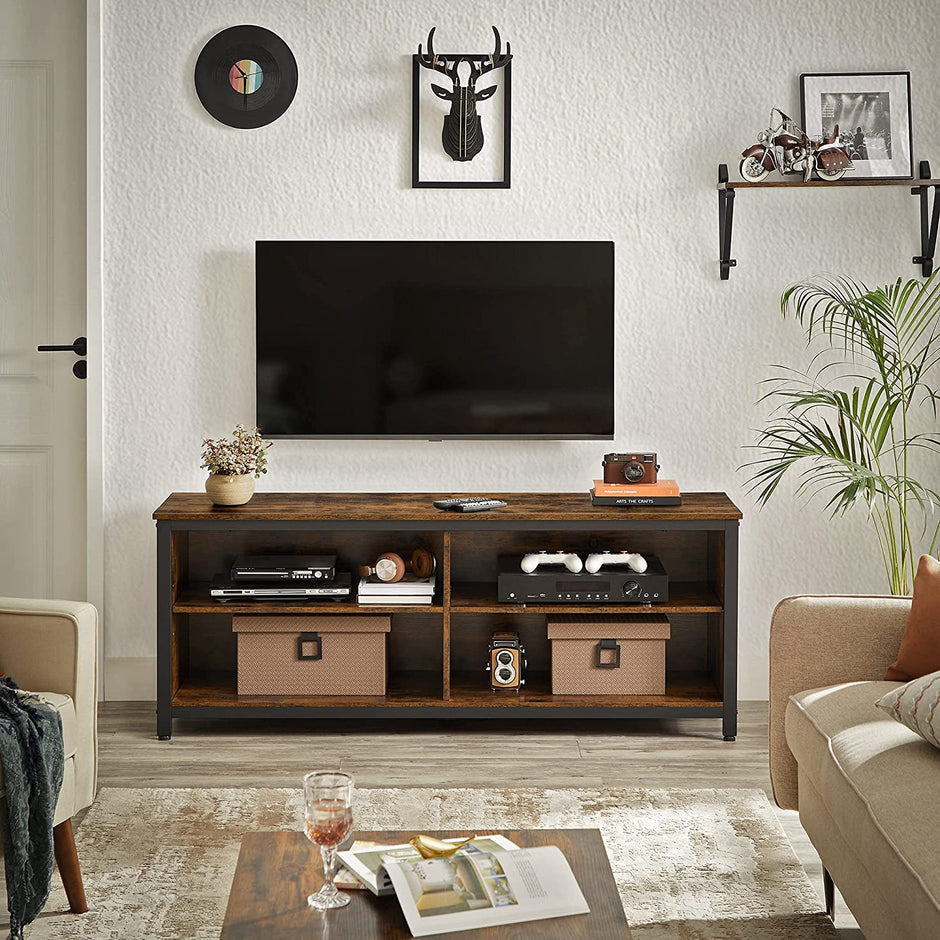 TV Stand – MDF and Particleboard – Rustic Brown and Black – 4 Cubby Design with Adjustable Shelves and Cable Management