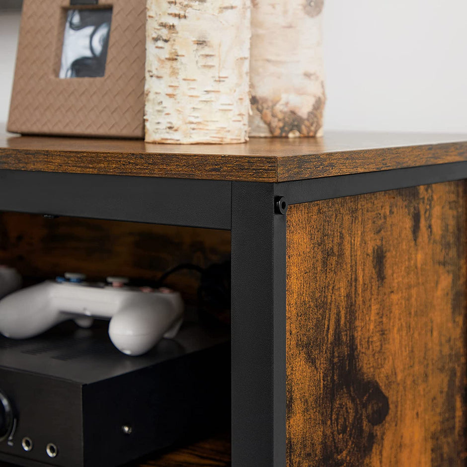 TV Stand – MDF and Particleboard – Rustic Brown and Black – 4 Cubby Design with Adjustable Shelves and Cable Management