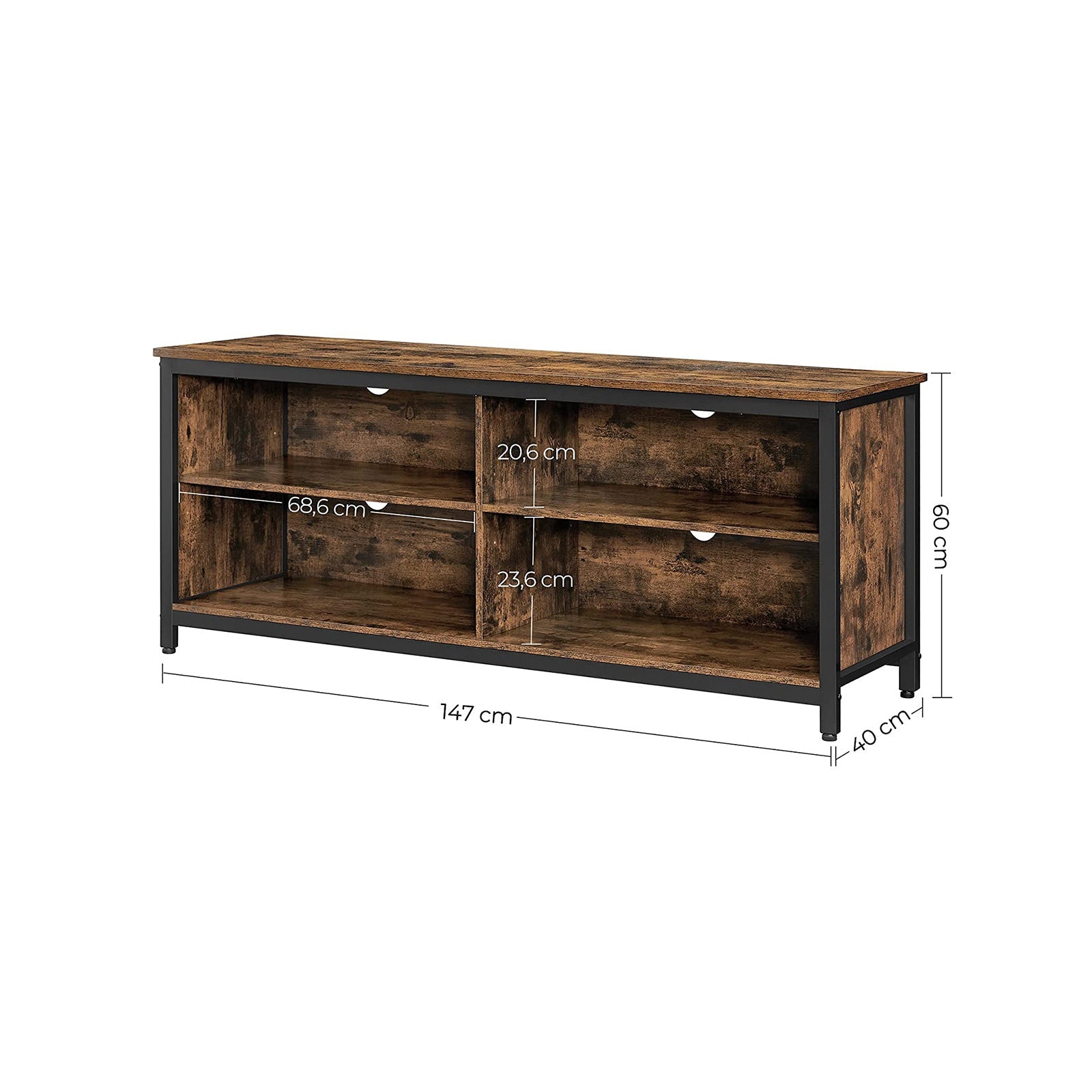 TV Stand – MDF and Particleboard – Rustic Brown and Black – 4 Cubby Design with Adjustable Shelves and Cable Management