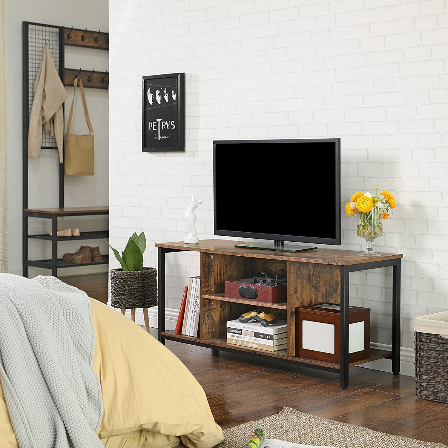 Open Storage TV Stand – Wood – Rustic Brown – Console Unit with Shelving