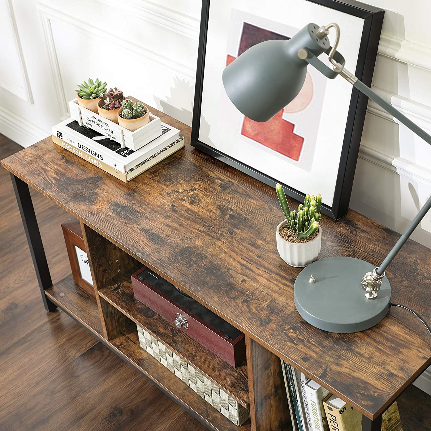 Open Storage TV Stand – Wood – Rustic Brown – Console Unit with Shelving
