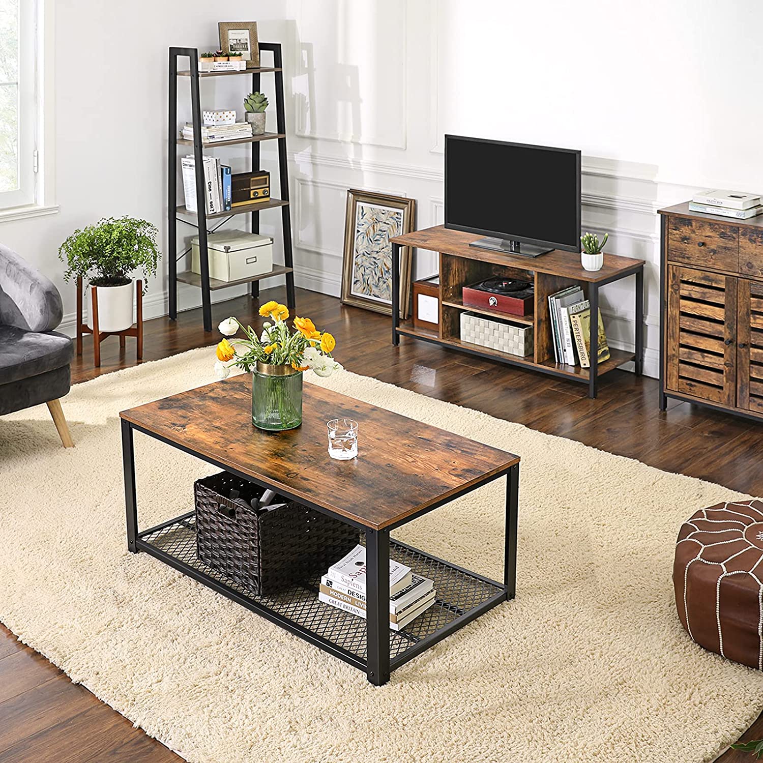 Open Storage TV Stand – Wood – Rustic Brown – Console Unit with Shelving