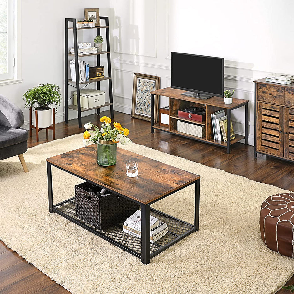Open Storage TV Stand – Wood – Rustic Brown – Console Unit with Shelving