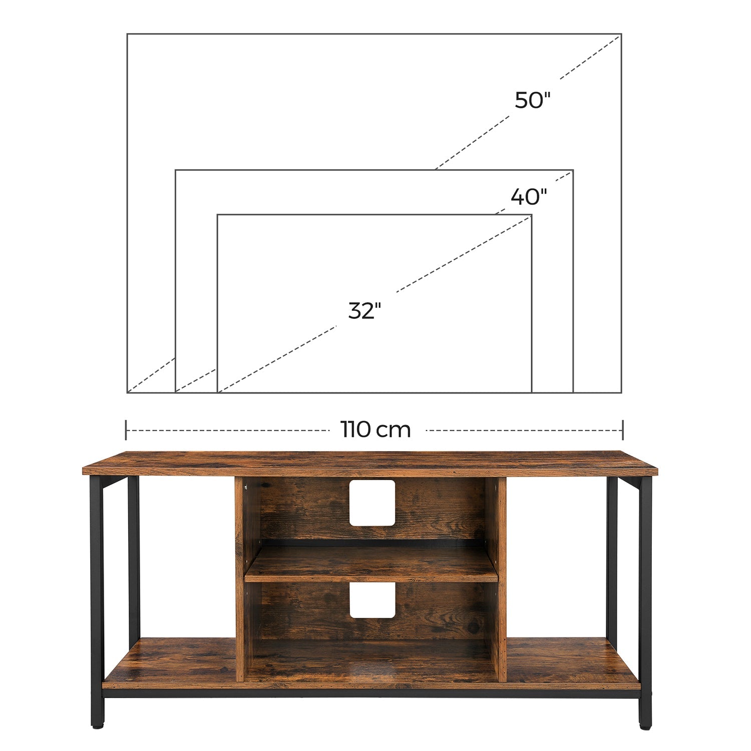 Open Storage TV Stand – Wood – Rustic Brown – Console Unit with Shelving