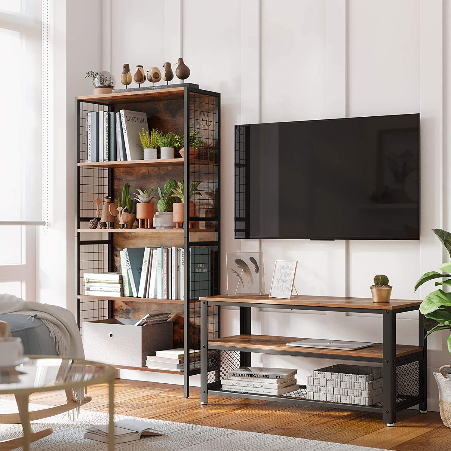 TV Stand – Wood and Metal – Rustic Brown – Industrial Design with 3 Removable Drawers