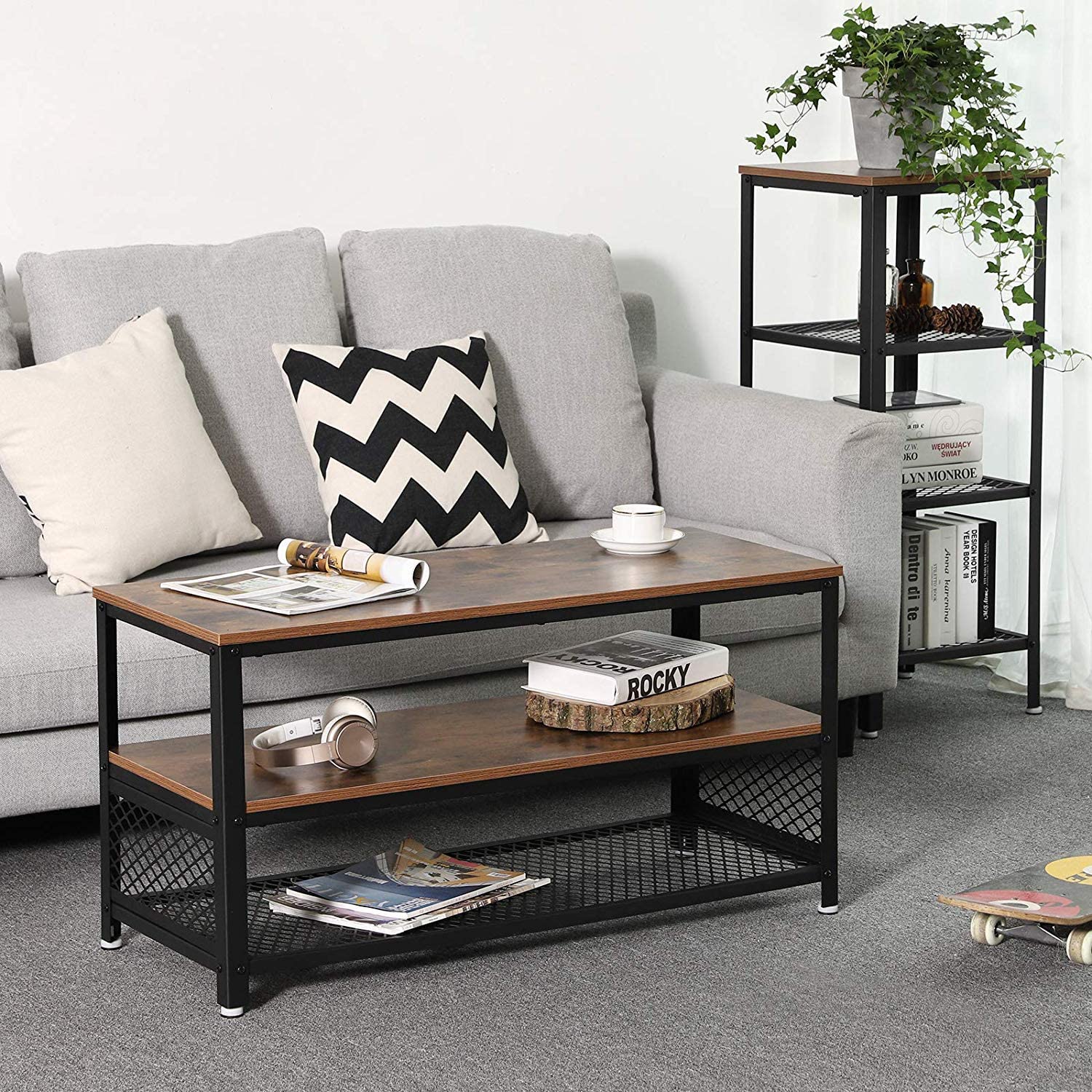 TV Stand – Wood and Metal – Rustic Brown – Industrial Design with 3 Removable Drawers