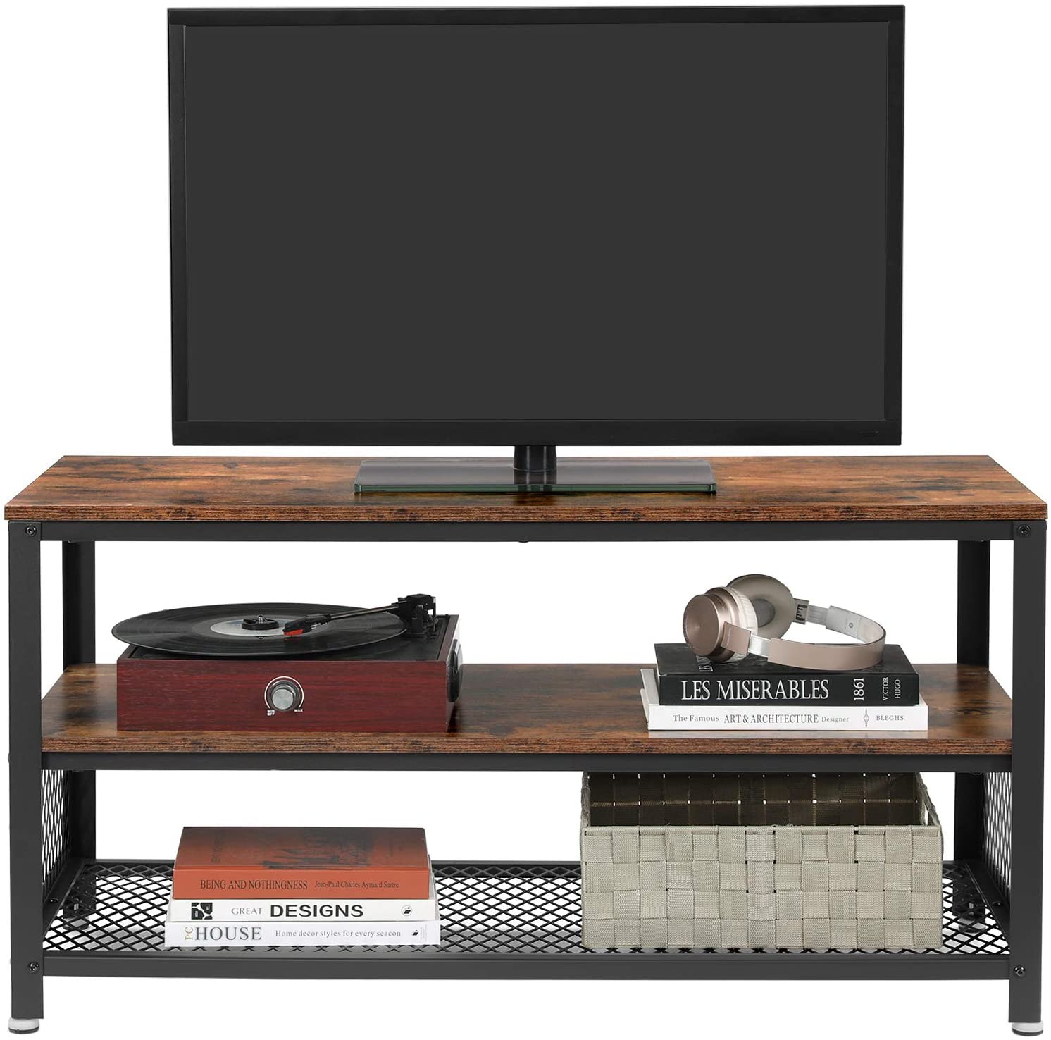 TV Stand – Wood and Metal – Rustic Brown – Industrial Design with 3 Removable Drawers