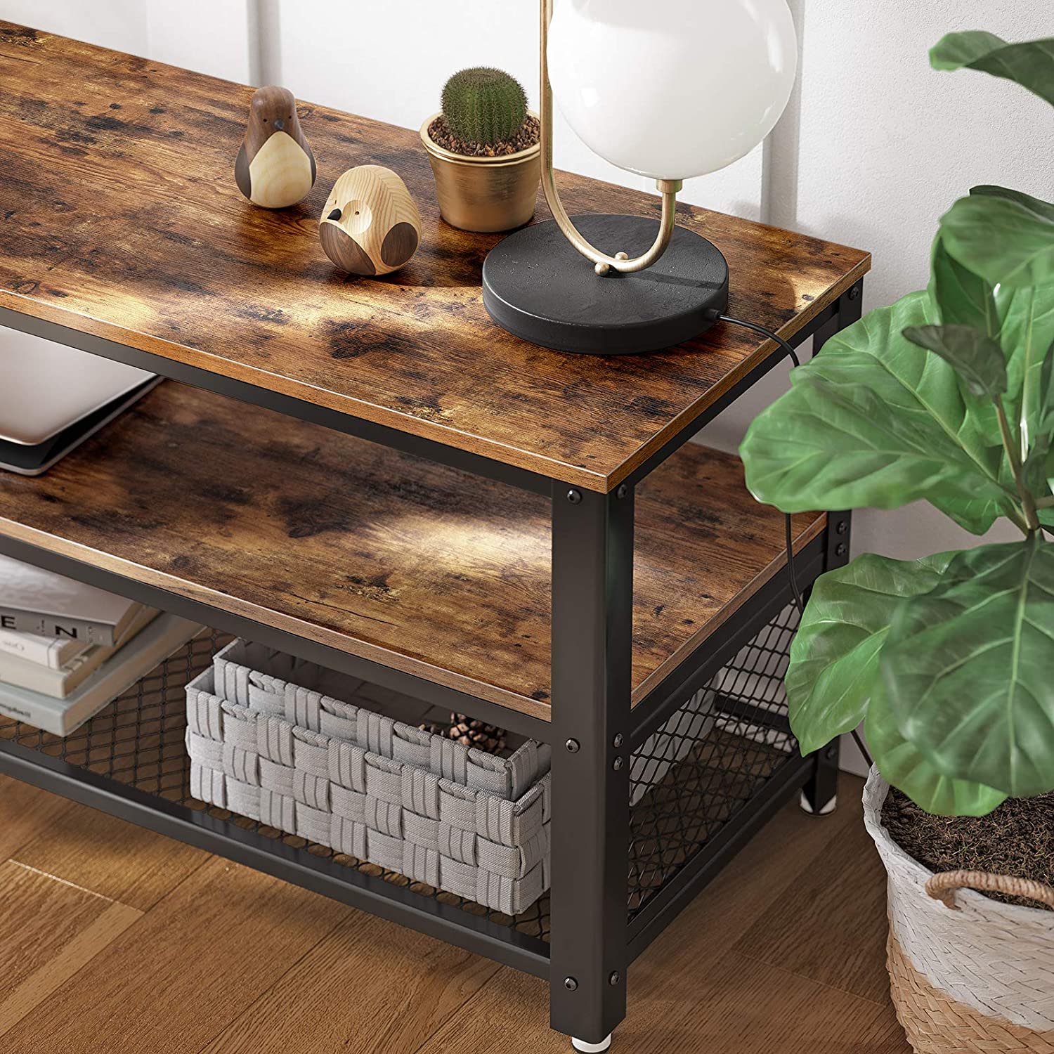 TV Stand – Wood and Metal – Rustic Brown – Industrial Design with 3 Removable Drawers