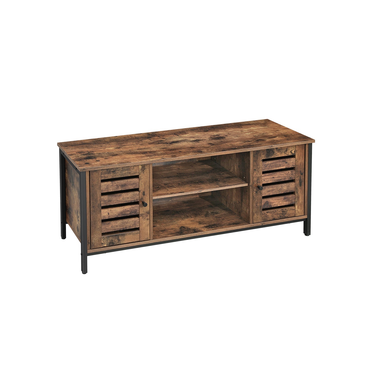 Industrial TV Console Unit – Engineered Wood – Rustic Brown – with Louvered Doors and Storage Shelves