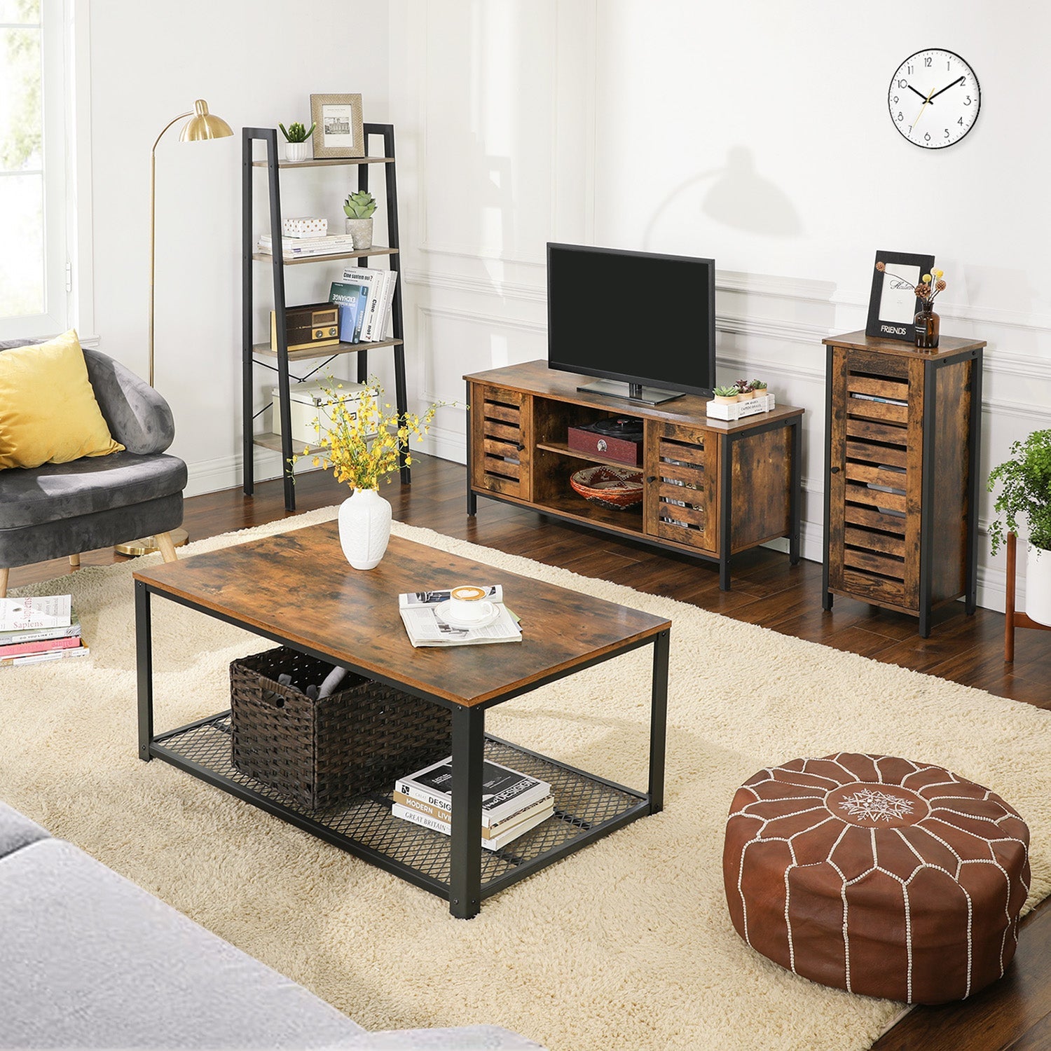 Industrial TV Console Unit – Engineered Wood – Rustic Brown – with Louvered Doors and Storage Shelves