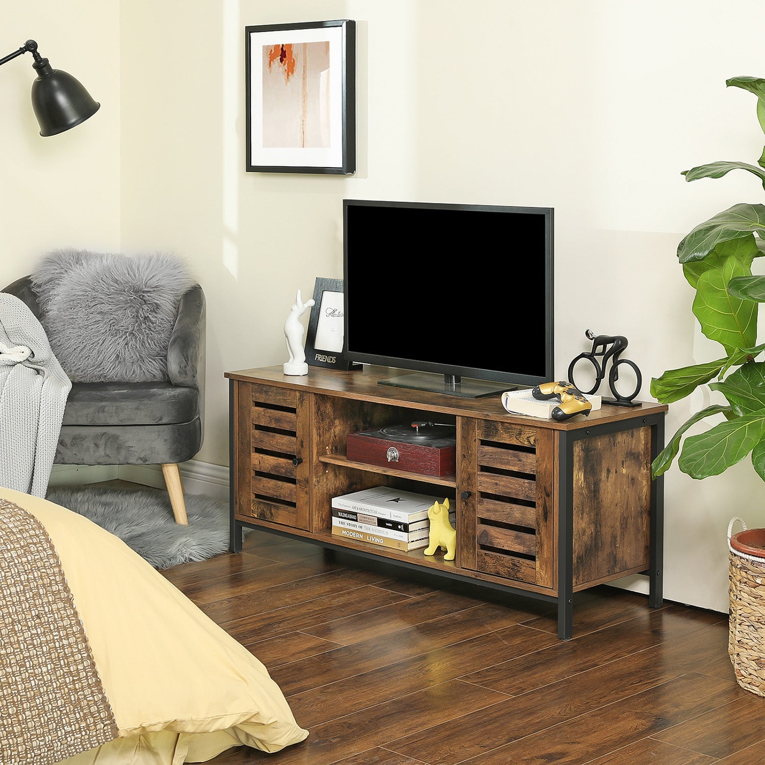 Industrial TV Console Unit – Engineered Wood – Rustic Brown – with Louvered Doors and Storage Shelves