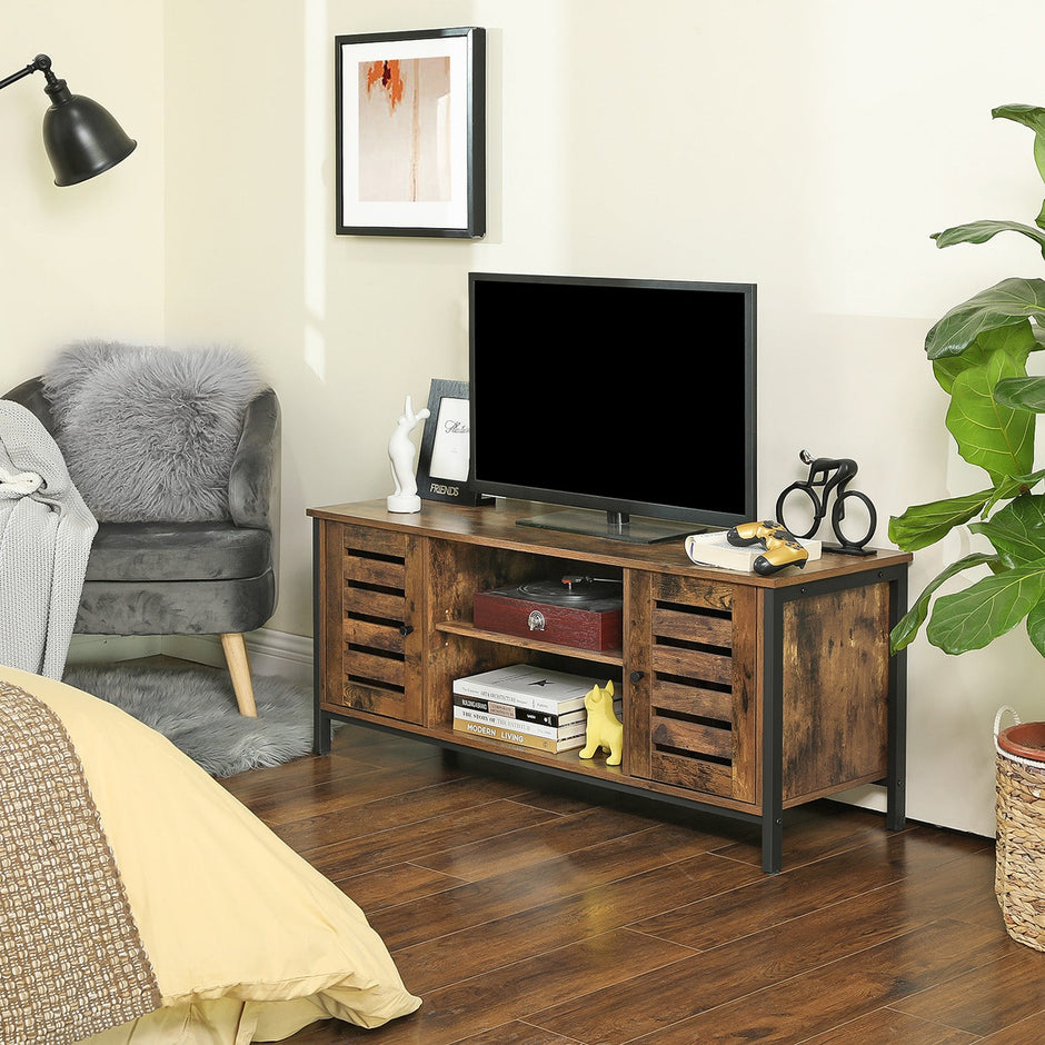 Industrial TV Console Unit – Engineered Wood – Rustic Brown – with Louvered Doors and Storage Shelves