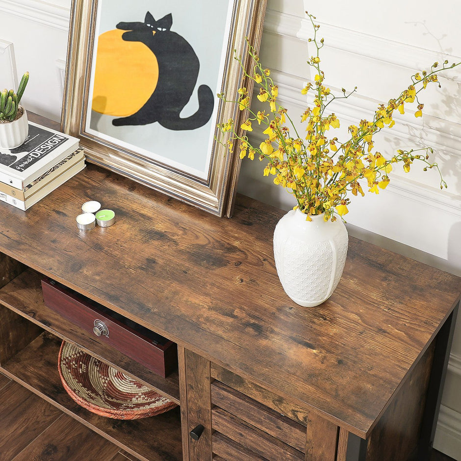 Industrial TV Console Unit – Engineered Wood – Rustic Brown – with Louvered Doors and Storage Shelves