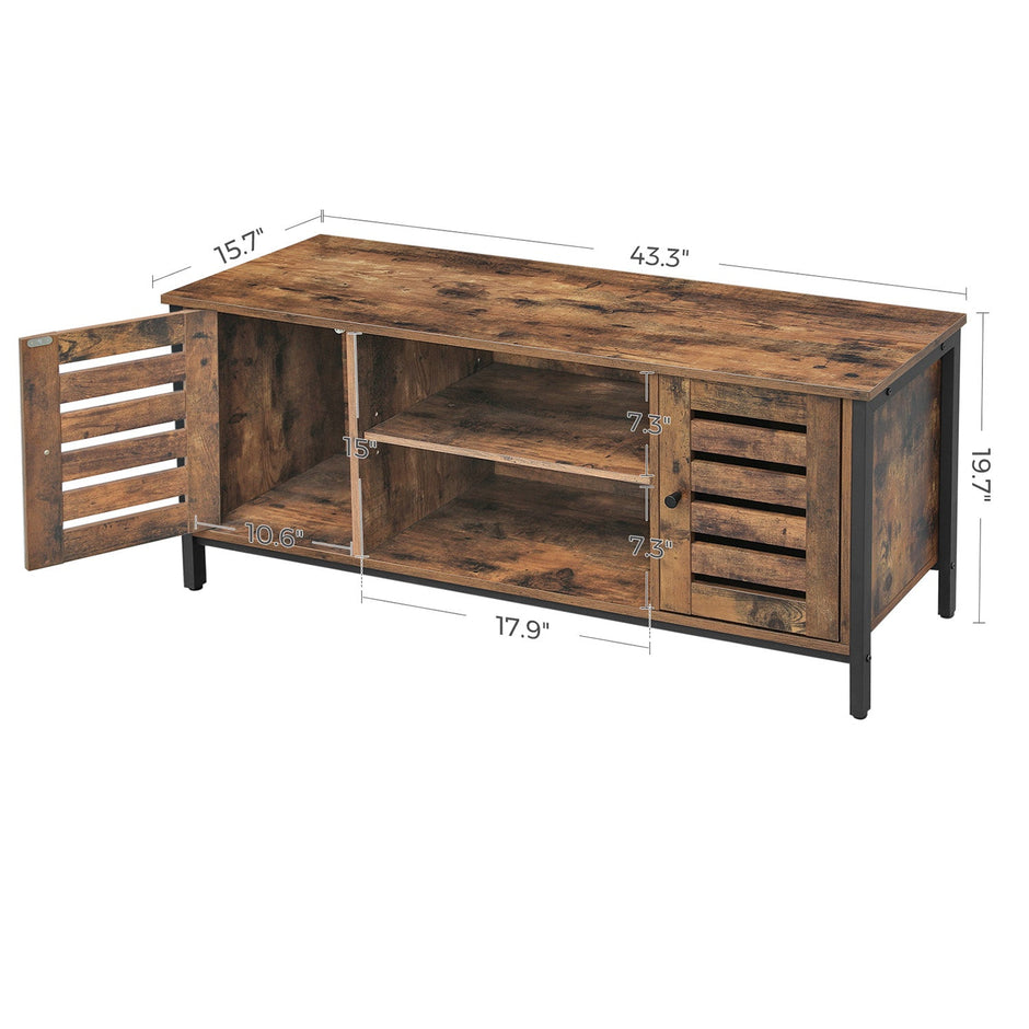 Industrial TV Console Unit – Engineered Wood – Rustic Brown – with Louvered Doors and Storage Shelves