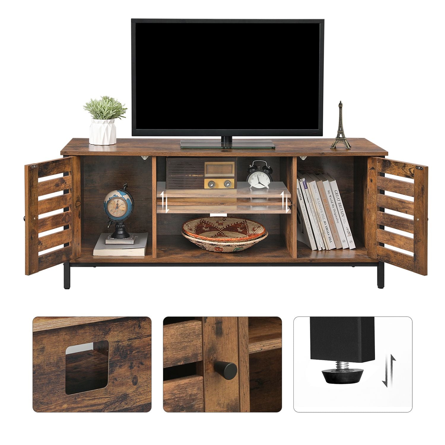 Industrial TV Console Unit – Engineered Wood – Rustic Brown – with Louvered Doors and Storage Shelves