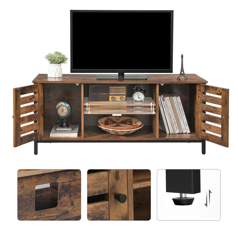 Industrial TV Console Unit – Engineered Wood – Rustic Brown – with Louvered Doors and Storage Shelves
