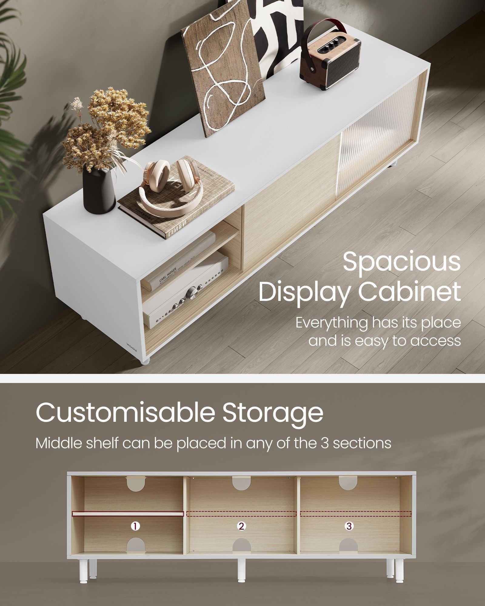 TV Stand – Wood – Ash Brown and Ink Black – Modern Design with Fluted Glass