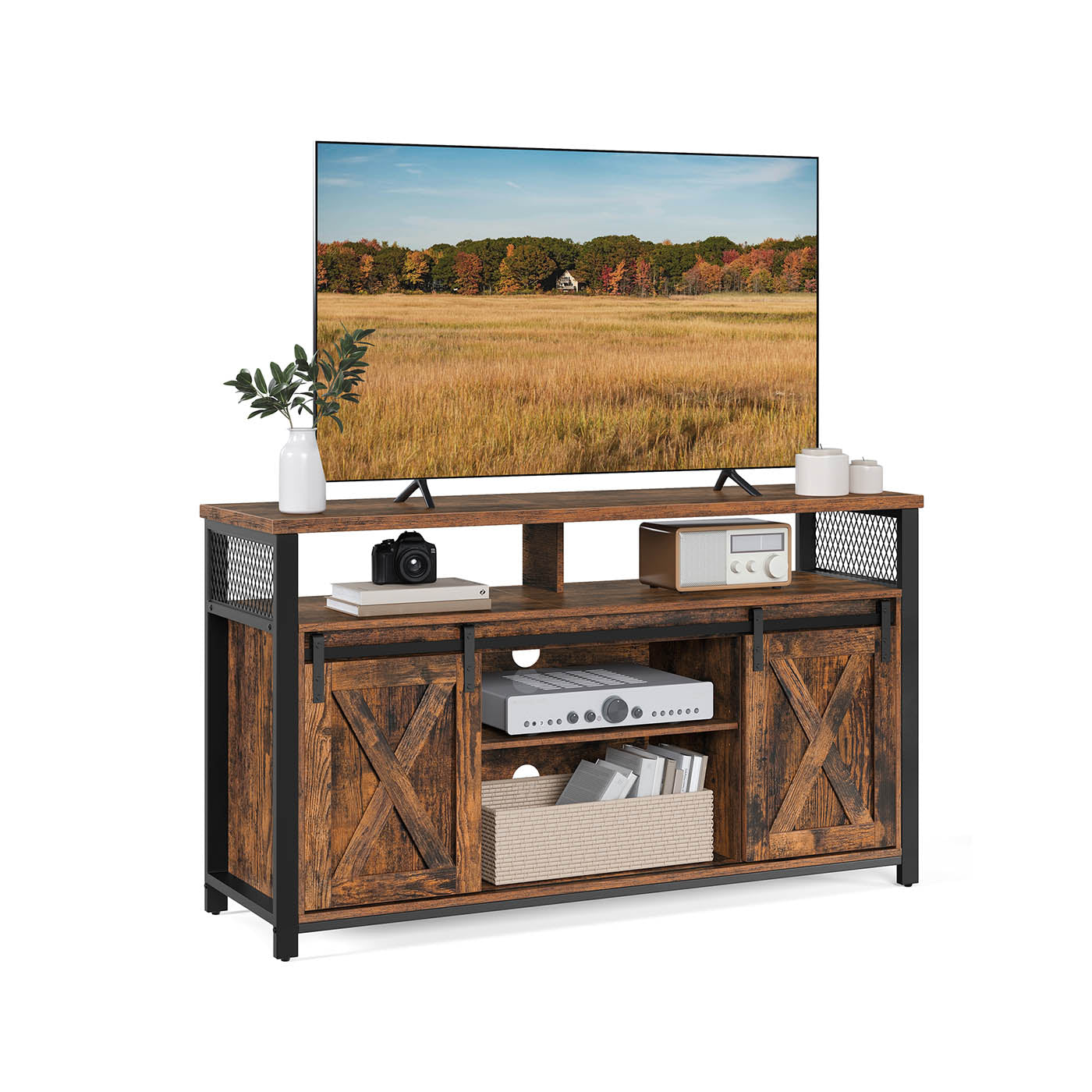 TV Stand – Rustic Brown and Black – Sliding Barn Doors – Adjustable Shelves