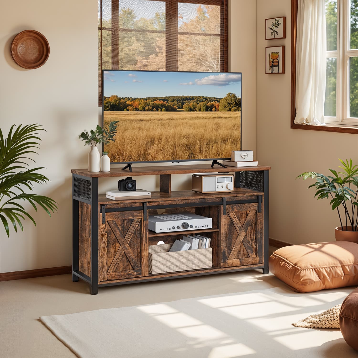 Media Console Table – Engineered Wood – Rustic Brown and Black – Sliding Barn Doors, Adjustable Shelves