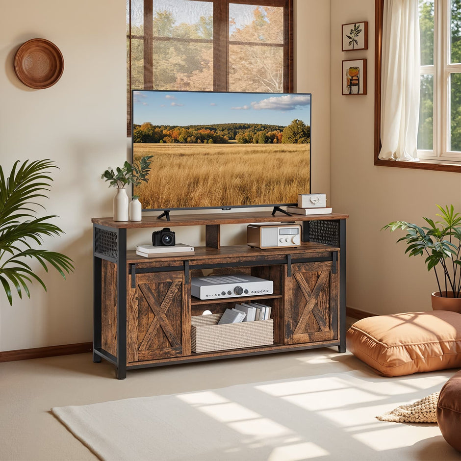 Media Console Table – Engineered Wood – Rustic Brown and Black – Sliding Barn Doors, Adjustable Shelves