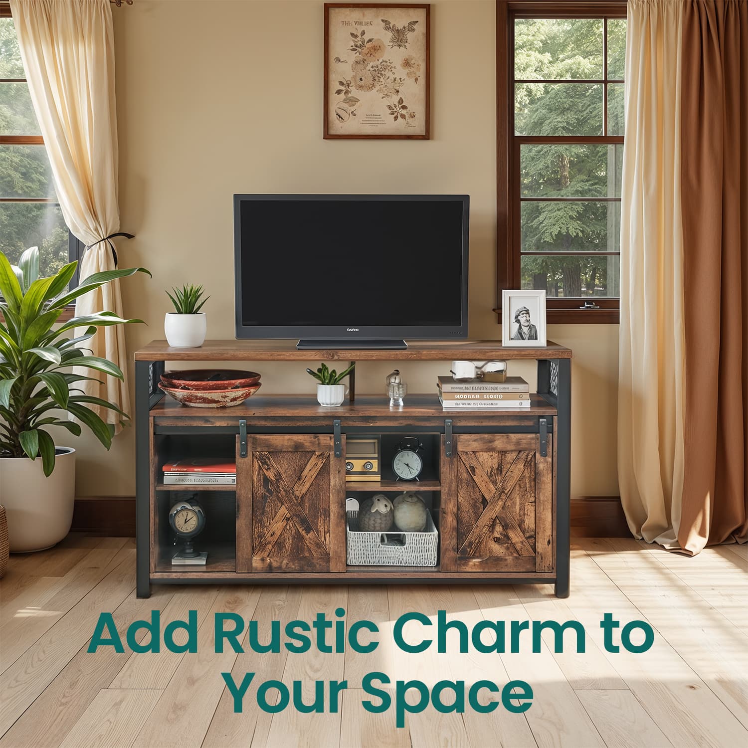 Media Console Table – Engineered Wood – Rustic Brown and Black – Sliding Barn Doors, Adjustable Shelves