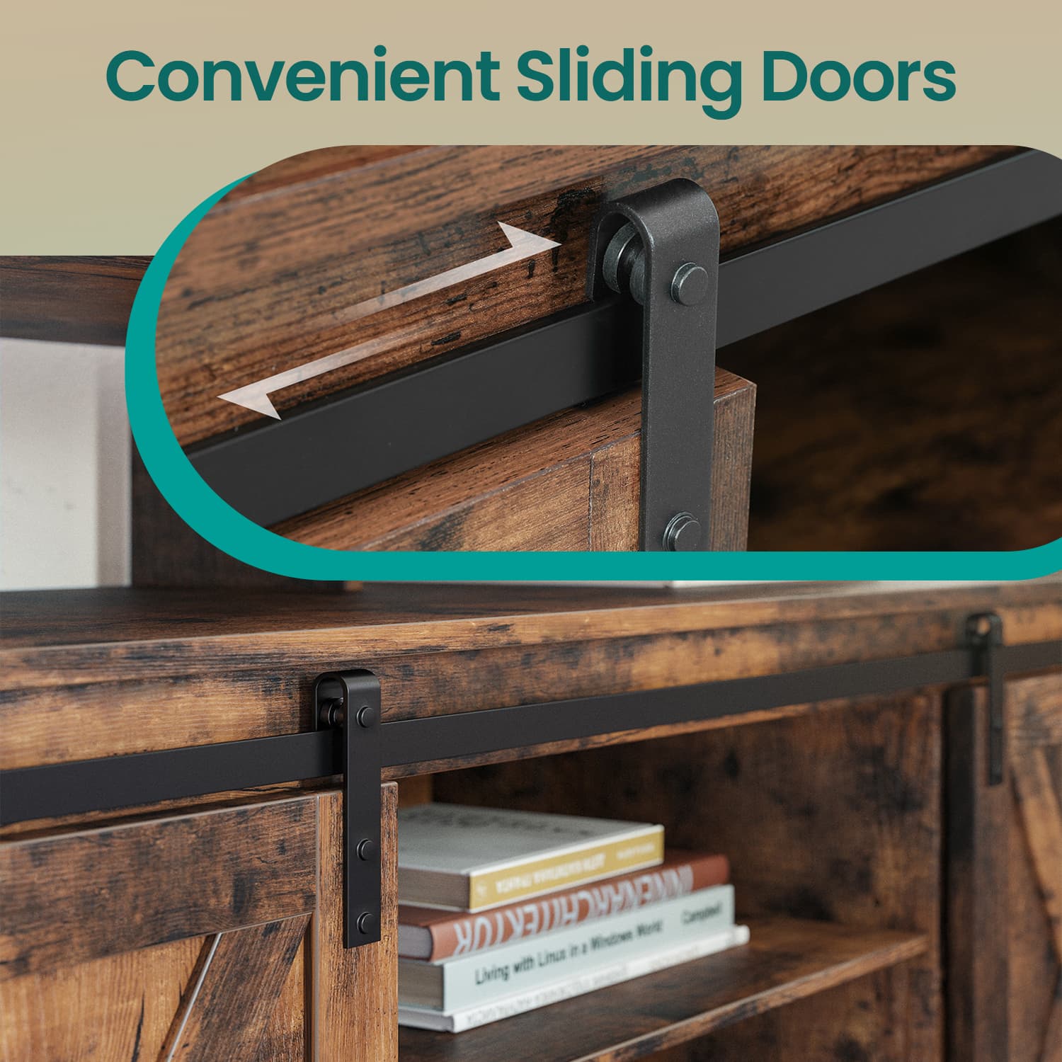Media Console Table – Engineered Wood – Rustic Brown and Black – Sliding Barn Doors, Adjustable Shelves