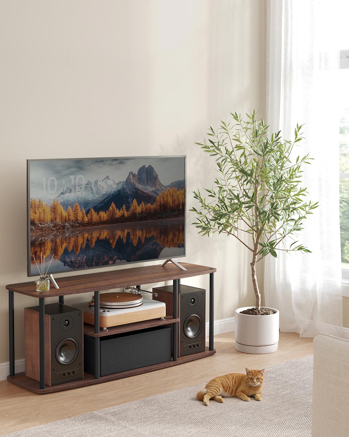 TV Stand – Wood – Natural Walnut and Ink Black – Toolless Assembly for TVs up to 50 Inches