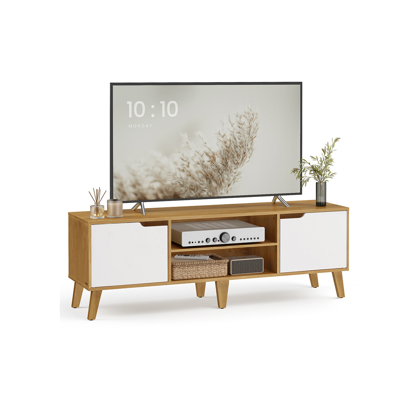 TV Stand Unit – Engineered Wood – Natural Oak and Cream White – Adjustable Shelf for 65 Inch TVs
