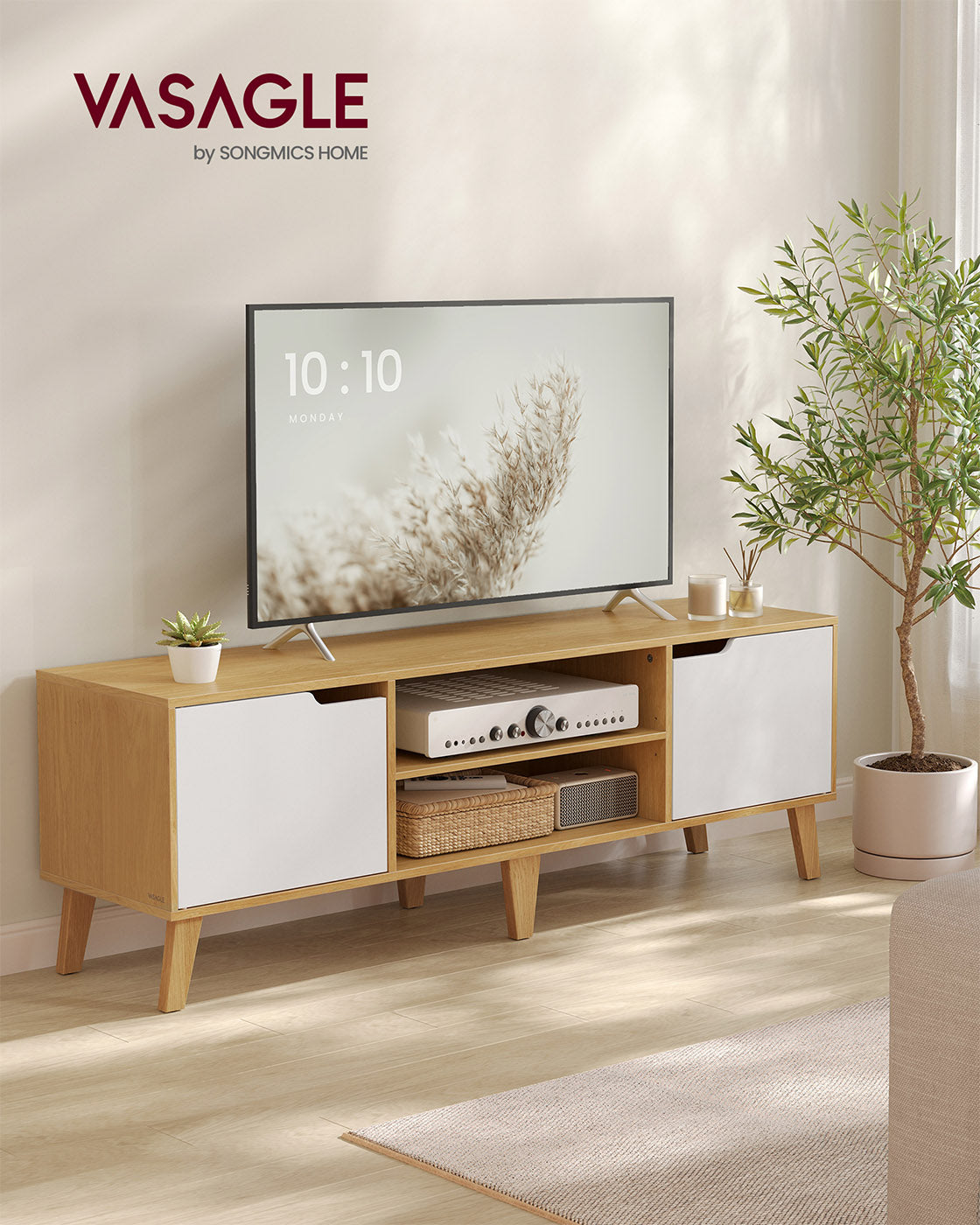 TV Stand Unit – Engineered Wood – Natural Oak and Cream White – Adjustable Shelf for 65 Inch TVs