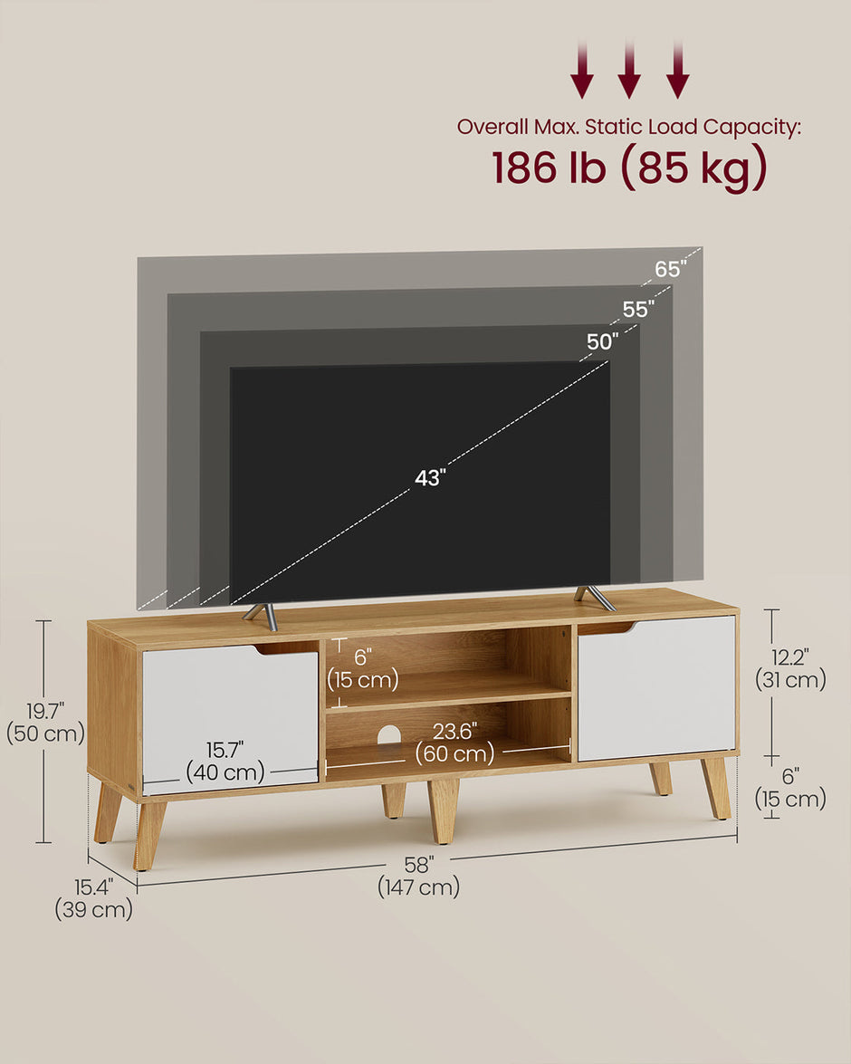 TV Stand Unit – Engineered Wood – Natural Oak and Cream White – Adjustable Shelf for 65 Inch TVs
