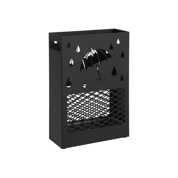 Umbrella Stand – Metal – Black – Rectangular with Removable Drip Tray and 4 Hooks