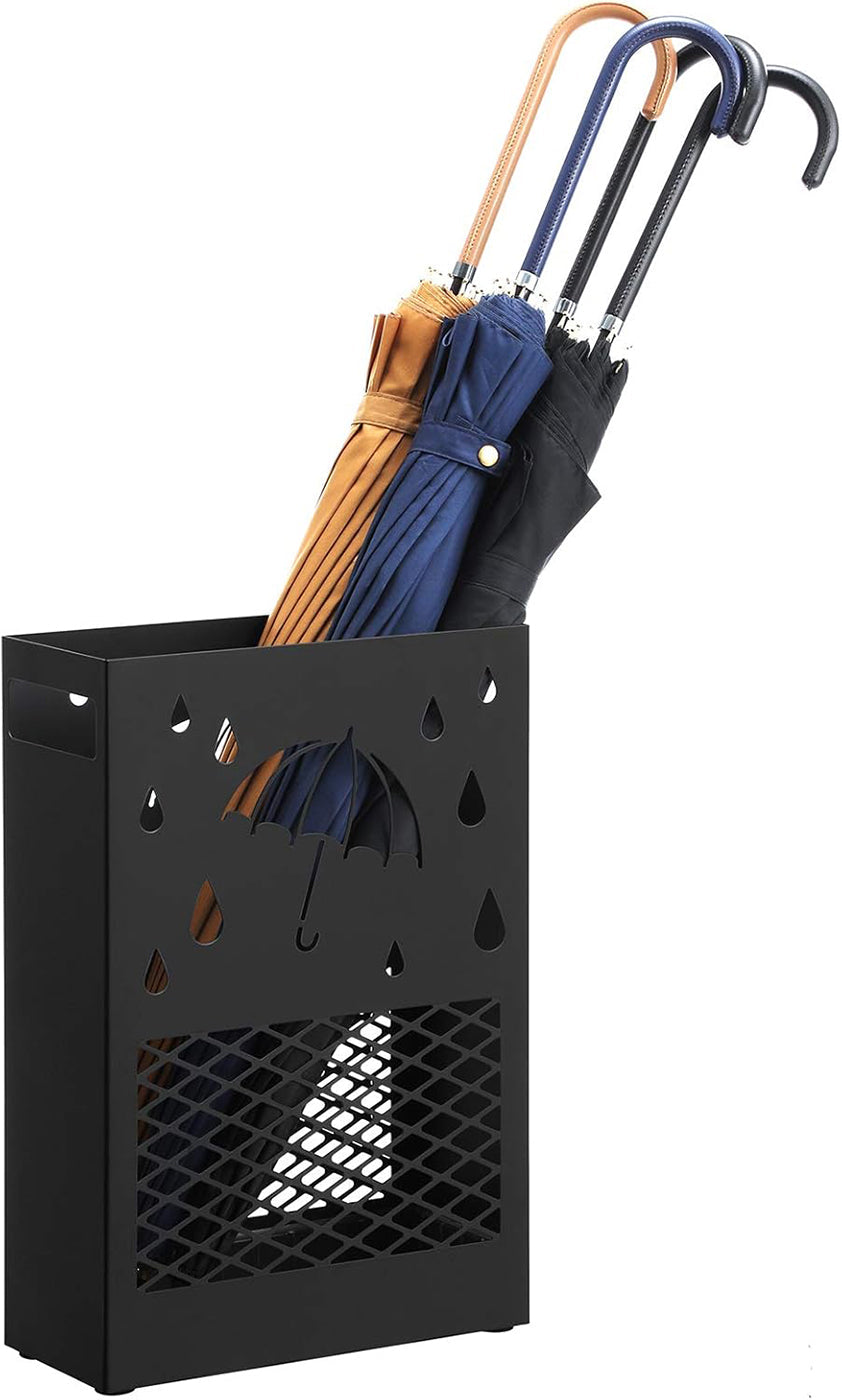 Umbrella Stand – Metal – Black – Rectangular with Removable Drip Tray and 4 Hooks