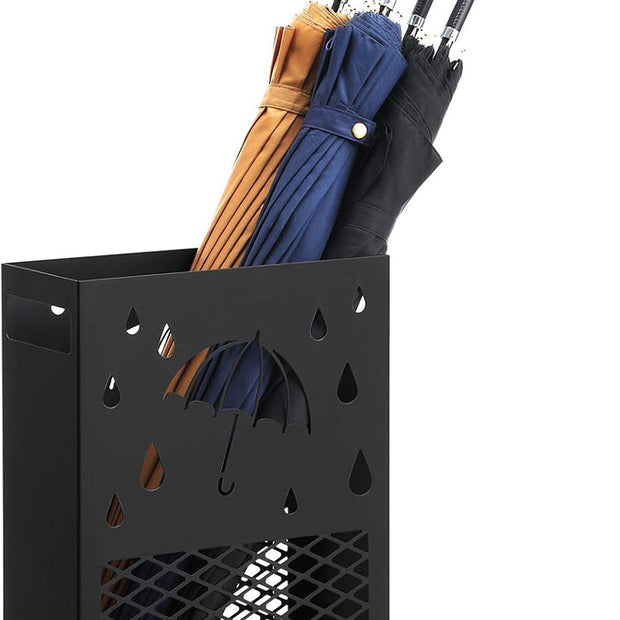 Umbrella Stand – Metal – Black – Rectangular with Removable Drip Tray and 4 Hooks